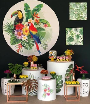Kolo Panel kruhu pozadí Tropické leto papagáj toucan palmové listy, kvety Narodeninovej party dekor candy dezert tabuľka banner