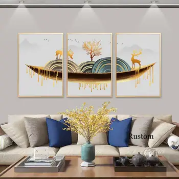 Moderné Abstraktné Plátno na Maľovanie Miestnosti Dekorácie Nastaviť Zlatý Jeleň Plagáty na Stenu Umenie Obrázok pre Domáce Interiér Loft Dekor