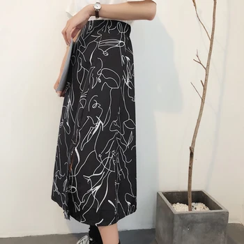 2018 Lete Ženy Ručne maľované Midi Sukne kórejský Elegantné Vysoký Pás Abstraktné Vytlačené Midi Sukne Elastický Pás Split Black Skirst