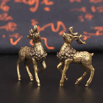 Čistej Medi Jeleň Socha Ozdoby 1 Pár Pevné Brass V Jeleň Miniatúrne Figúrky Šťastie Feng Shui Remesiel Stôl Dekorácie