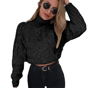 2020 nové voľné krátke sveter čierna šedá dlho svietidla rukáv pulóver vysoká krku bežné pletený sveter