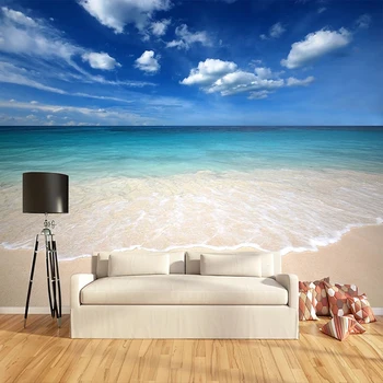 Vlastné Modrá Obloha, Biele Oblaky Piesočnatá Pláž s Morskou Vodou 3D Foto Tapety nástenná maľba Abstraktných De Parede Obývacia Izba, Spálňa Tapety na Stenu