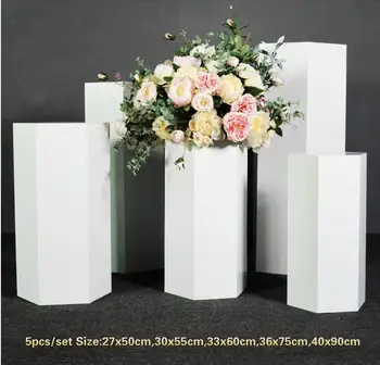 5 ks/set Biela hexagon koláč, dezert tabuľka kvety stojan narodeninovej párty scéne rozloženie železa rekvizity svadobné dekorácie soklové