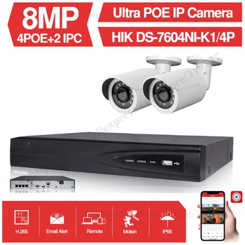 4CH KAMEROVÝ Systém, 2 KS Ultra 8MP Vonkajšie Bezpečnostné POE Fotoaparát s Hikvision 4 POE NVR DS-7604NI-K1/4P DIY kamerový Súpravy