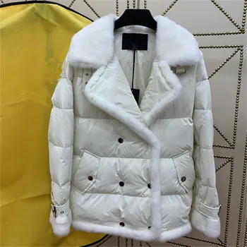 ženy, skutočné noriek kožušiny golier zime biele kačacie nadol bundy Krátke motocykel kabát voľné snehu kabát žena