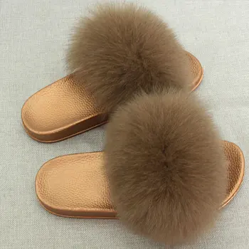 RUIYEE Madam Skutočný Papuče Luxusné Fox Kožušiny Plážové Sandále Načechraný Pohodlné Chlpaté Papuče Sandále 2018 nové