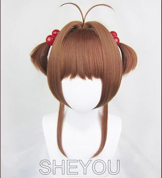 Cardcaptor Sakura Kinomoto Sakura Parochne Zakomponovaný Syntetických Vlasov Perucas Cosplay Parochňu + Červené Korálky Hairbands