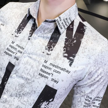 2020 NOVÉ Luxusné Tričko Mužov List Tlačiť Bežné Slim Fit Šaty Dlhý Rukáv Košele Klubu Strany Streetwear Sociálne Smoking Oblečenie