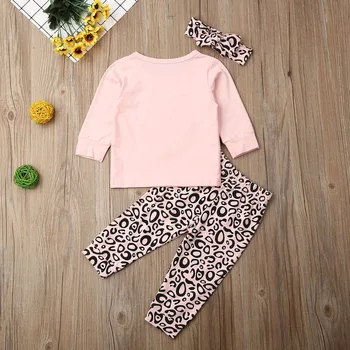 Boutique Dievča Oblečenie Novorodenca Dievča Jeseň Oblečenie T-shirt Topy+ Leopard Nohavice +hlavový most 3ks Oblečenia Tepláková súprava