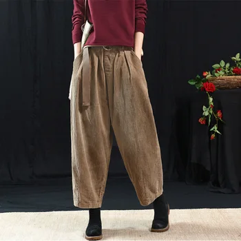 Jeseň zima retro menčestrové nohavice ženy plus veľkosť nohavice žena Elastický Pás vrecko na Voľné Bežné Nohavice