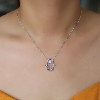 AAA jasné modré cz spevnené fatimy hamsa ruky prívesok 925 sterling silver náhrdelník šperky drop shipping eleganciu roztomilý dievča náhrdelník