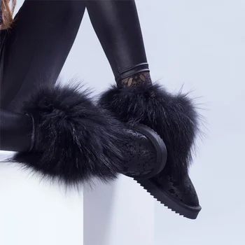 G&ZaCo Luxusné Ženy Topánky Pravej Kože Natrual Fox Snehu Kožušiny Topánky Hrubé Plyšové Krátke Čierne Tlač Módne Zimné Topánky