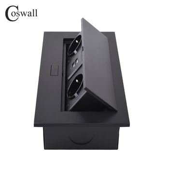 COSWALL Zliatiny Zinku Doska 16A Pomaly POP-UP 2 Power EÚ Zásuvky Dual USB Nabíjanie Port 2.1 kancelársky Stôl Zásuvky Matný Čierny Pravý Uhol