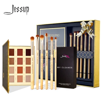 Jessup 6pcs Bambusu Eyeshadow kefa nastaviť brush make-up štetec Cleaner hubky&12 farba Eyeshadow Palety & darčekový box balenie E711