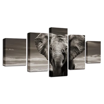 Plátno Obrázky Pre Obývacia Izba HD Vytlačené 5 Ks Slon Šedé Obrazy Domova Zvierat Plagáty na Stenu Umenie Modulárny Rámec