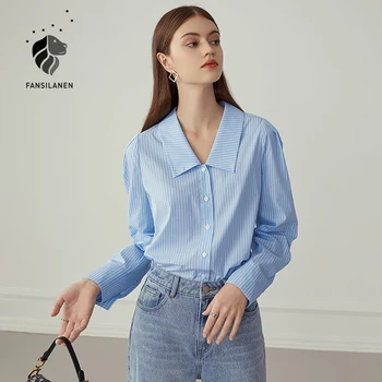 FANSILANEN Vintage blue bavlna pruhované, blúzky, košele Ženy dlhý rukáv streetwear bežné tlačidlo hore tričko Office lady top žena