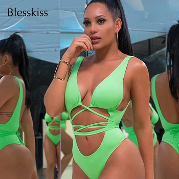 Blesskiss Sexy Leopard Plavky Ženy Jeden Kus Plávať Oblek 2019 Neon High Cut Obväz Trikini Monokiny Plavky, Plavky