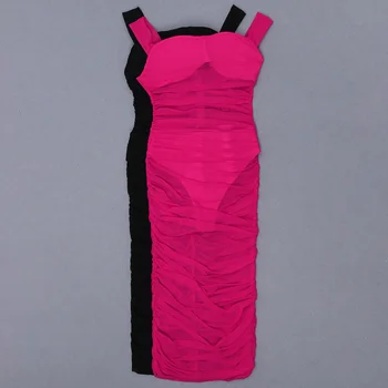 Letné Módy Sexy Oka Ruched Koleno Dĺžke Hot Pink Black Bodycon Ženy Obväz Šaty 2020 Elegantné Večerné Party Šaty Vestido