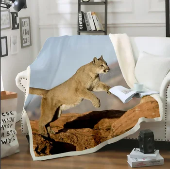 SONSPEE 3D Tlač Roztomilý Big Cat Cougar Mountain Lion Hodiť Deka rozkladacia Pohovka Kreslo Fleece Plyšové Sherpa Deka prehoz cez posteľ Dekor