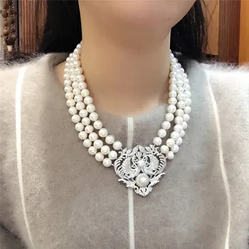 Ručne viazané 3rows prírodné 8-9mm biela sladkovodné perly micro vložkou zirkón príslušenstvo náhrdelník módne šperky