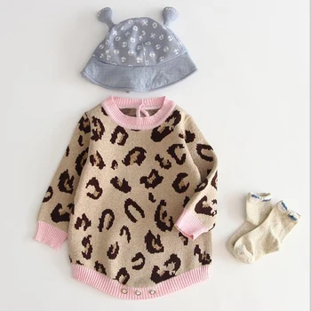 Baby Dievčatá zrastov Remienky Dlhý Rukáv Pletené Remienky Leopard Dieťa Princezná Trojuholník Jumpsuit Batoľa detský Jeseň Zimné Oblečenie