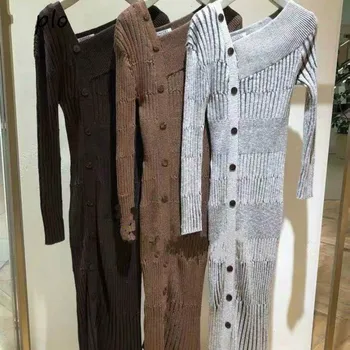 2020 Nové Maxi Šaty Žien Pevný Plášť Slim Pletené Šaty pre Ženy Strany Elegantné Tlačidlo Mäkké Asymetrické Vestidos Oblečenie