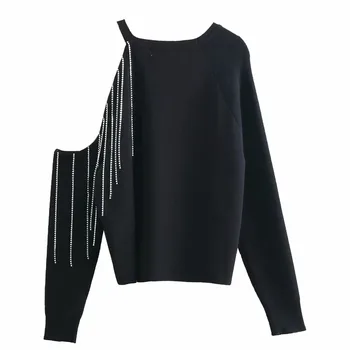 Jar nové off-the-rameno svetlé duté strapec dlhý rukáv wild pulóver sveter oblečenie pre ženy BB9073
