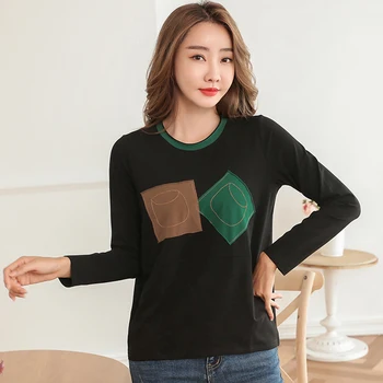 Shintimes Plus Veľkosť Tričko Ženy Bavlna 2020 Jar Jeseň Dlhý Rukáv T-Shirt Žena Tričko Appliques Kórejský Módne Oblečenie
