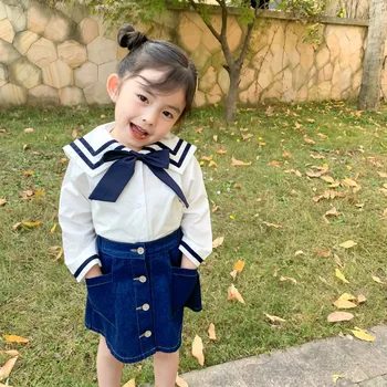 Jar Nový Príchod kórejský štýl bavlna navy štýl dlhý rukáv all-zápas tričko s bowknot pre módu roztomilé sladké dieťa dievčatá