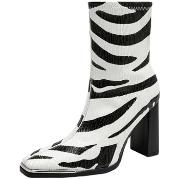 2021 Nové Elegantné Zebra Vzor Ženy Členková Obuv Dráhy Strany Úsek Krátke Topánky Pre Ženy Na Denné Nosenie, Luxusné Dizajnér Dámske Topánky