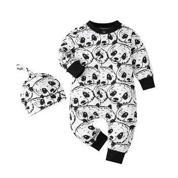 Novonarodené Dieťa 2 ks Chlapci Remienky Cartoon Panda Vzor Dlhý Rukáv Jumpsuit a Klobúk Dieťa Chlapec Oblečenie na Jeseň Batoľa Oblečenie