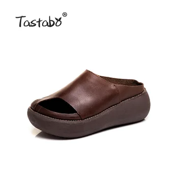 Tastabo Originálne Kožené dámske papuče Slip-On Hrubé dno dizajn Black brown bežné vintage štýl S183-1 35-40 Denne topánky