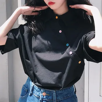Harajuku Voľné Vintage pevné Všetkých Zápas t shirt 90. rokov dievčatá kórejský College Vietor krátky Rukáv Zase Dole Golier Ženy Základné T-shirts