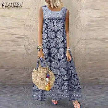 Ženské Vytlačené Sundress ZANZEA 2021 Módne Letné Maxi Šaty bez Rukávov Bežné Kvetinový Nádrž Vestidos Nadrozmerné Oblečenie Femme 5XL