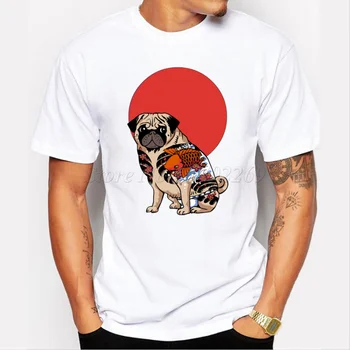 Hipster Cartoon Tetovanie Pug Vytlačené Zábavné Tričká Animal Pohode Tee Módne Yakuza Pug Muži T-tričko Krátky Rukáv Bežné Topy