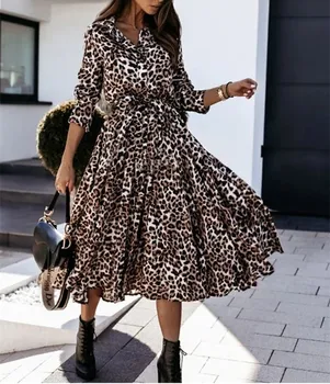 Jeseň klope Dlho Módne Oblečenie Pre Ženy 2020 Bežné Dlhý Rukáv Split Leopard Tlač Ženské Šaty Elegantné Maxi Strany Oblečenie