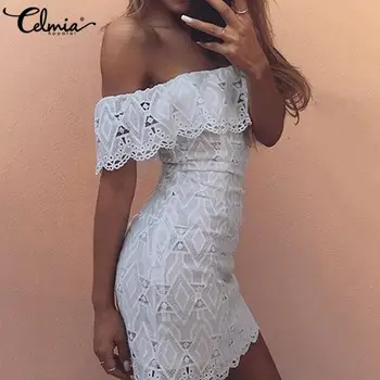 Ženy Sexy Bodycon Hip Mini Šaty Celmia 2021 Letné Vypnutie Ramenný Bežné Biele Čipky Strany Sundress Elegantné Vestidos Plus Veľkosť