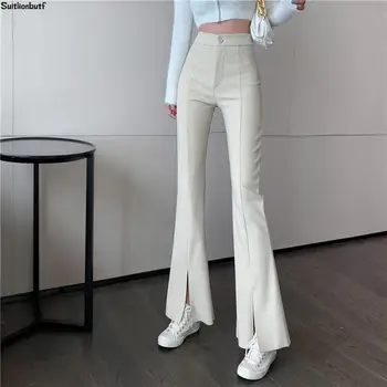 Kórejský Vlnené Zahustiť Ženy Obličkového Nohavice 2020 Zimné Vysoký Pás Slim Split Pantalon Femme Elegantné Dámy Streetwear Nohavice Nohavice