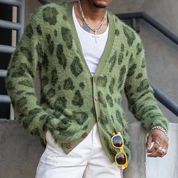 Jeseň Zima Zelená Leopard Vytlačené Sveter S Dlhým Rukávom Tenký Bežné Muž Cardigan Pletené Mužov Vrchné Oblečenie Topy Nových Afrických Móda