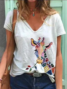Hot Predaj Bežné Biela Farba Žirafa Tlač Ženy T-shirt Letné Krátke Rukáv V Krku Karikatúra Tlače Voľné Topy