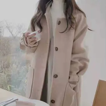 Vlna Ženy Dlhé Pevné Marhuľový Veľké Vrecká Singel Svojim Dámske Elegantné Outwear Zimné Zahusťovanie Elegantné Kórejský Harajuku Móda