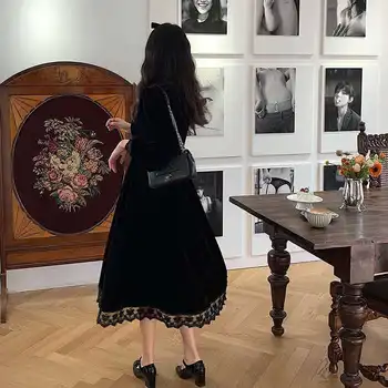 Francúzsky Vintage Šaty Žien Čipky Zamatové Čierne Elegantné Party Šaty Žena Jeseň 2020 Vysoký Pás Dlhý Rukáv Midi Gotické Šaty