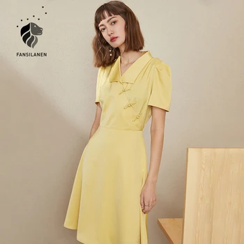 FANSILANEN Žltá v krku tlač saténové šaty Žien krátky rukáv sexy cheongsam mini čínske šaty Elegantné slim party šaty vintage