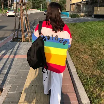 Pletený Sveter 2020 Jeseň Harajuku Ženy Prekladané Rainbow Sveter Kabát Žena Voľné Svetre List Výšivky Jumper Vesty