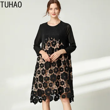 TUHAO 2020 Veľké veľkosti 4XL 3XL čierne šaty vyšívané čipky duté z šitie jeseň plus veľkosť matka voľné party šaty WM01