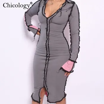 Chicology Bodycon Dlhý Rukáv Midi Šaty Žien Patchwork 2020 Jeseň Zima Sexy Party Club Fashion Narodeniny Elegantné Oblečenie