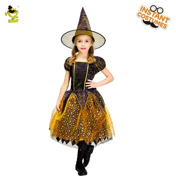Dievča Kostým Čarodejnica pre Deti Zlato Elegantné Čarodejnice Šaty S Klobúkom Šaty Pre Halloween Cosplay Party Kostýmy