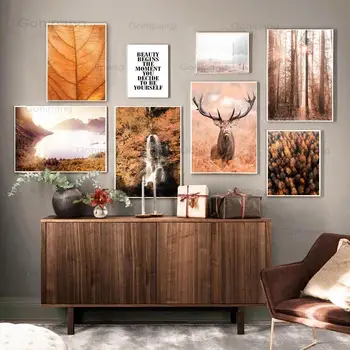 Maliarske Plátno Nordic Jeseň Wall Art Lesa Listy Jazera, Vodopádu, Jeleň Plagáty A Potlačou Obrazov Na Stenu Pre Obývacia Izba Dekor