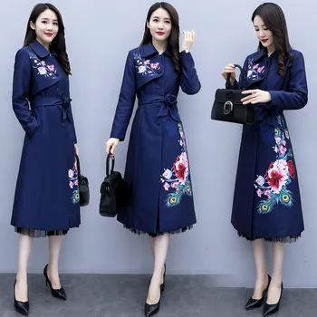 Čínsky štýl Windbreaker Ženy podkolienok móda Jar Jeseň Oblečenie 2020 Žien nový Kvetinový Dlho Zákopy Srsti G222