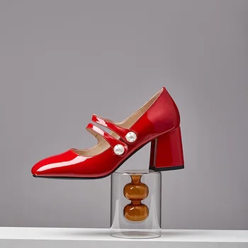 Značka návrhár obuvi ženy čerpadlá nové originálne kožené námestie vysoké podpätky black red shoes žena Mary Janes šaty strany topánky size43
